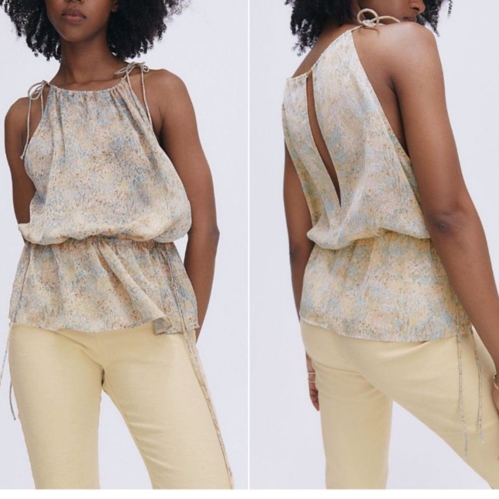 H&M Drawstring Top Peplum Spaghetti Strap Flowy Tank Top Neutral Sz M